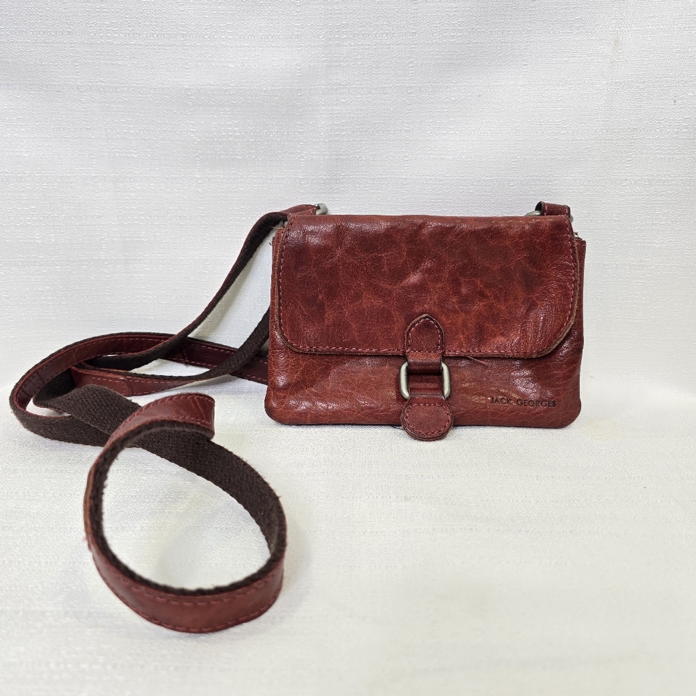 Jack Georges Cognac Leather Crossbody Purse Distressed Rustic Minimalist Small